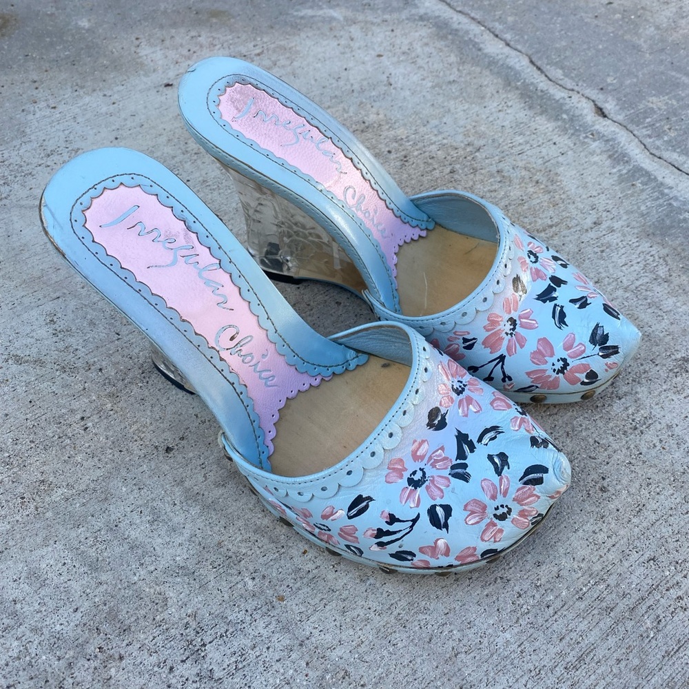 Vintage Y2K Irregular choice wooden Handmade Clog Mule Heel